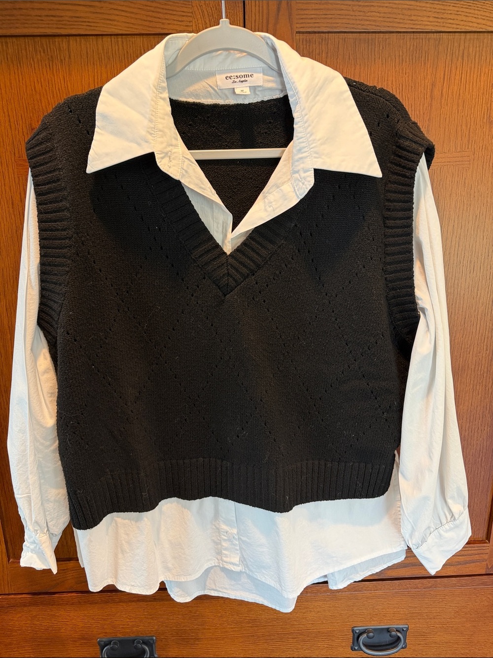 eesome Black Knit V-Neck Sweater Vest with attached white blouse
